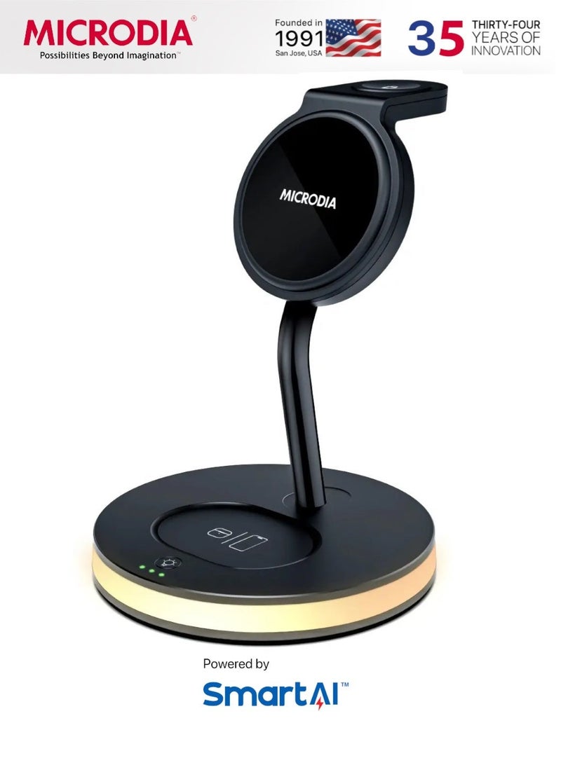 MICRODIA SNAPStation ELITE 33W 5-in-1 Magnetic Wireless Charging Station – MagSafe Charger Stand with Adjustable Ambient Lighting, Fast Qi Wireless Charger for iPhone 16/15/14/13, AirPods & Watch - Black - Image 1